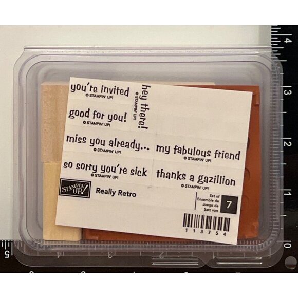 STAMPIN' UP! 113754 REALLY RETRO Wood Mount Rubber Stamp set of 7 PHRASES WORDS - Picture 1 of 3